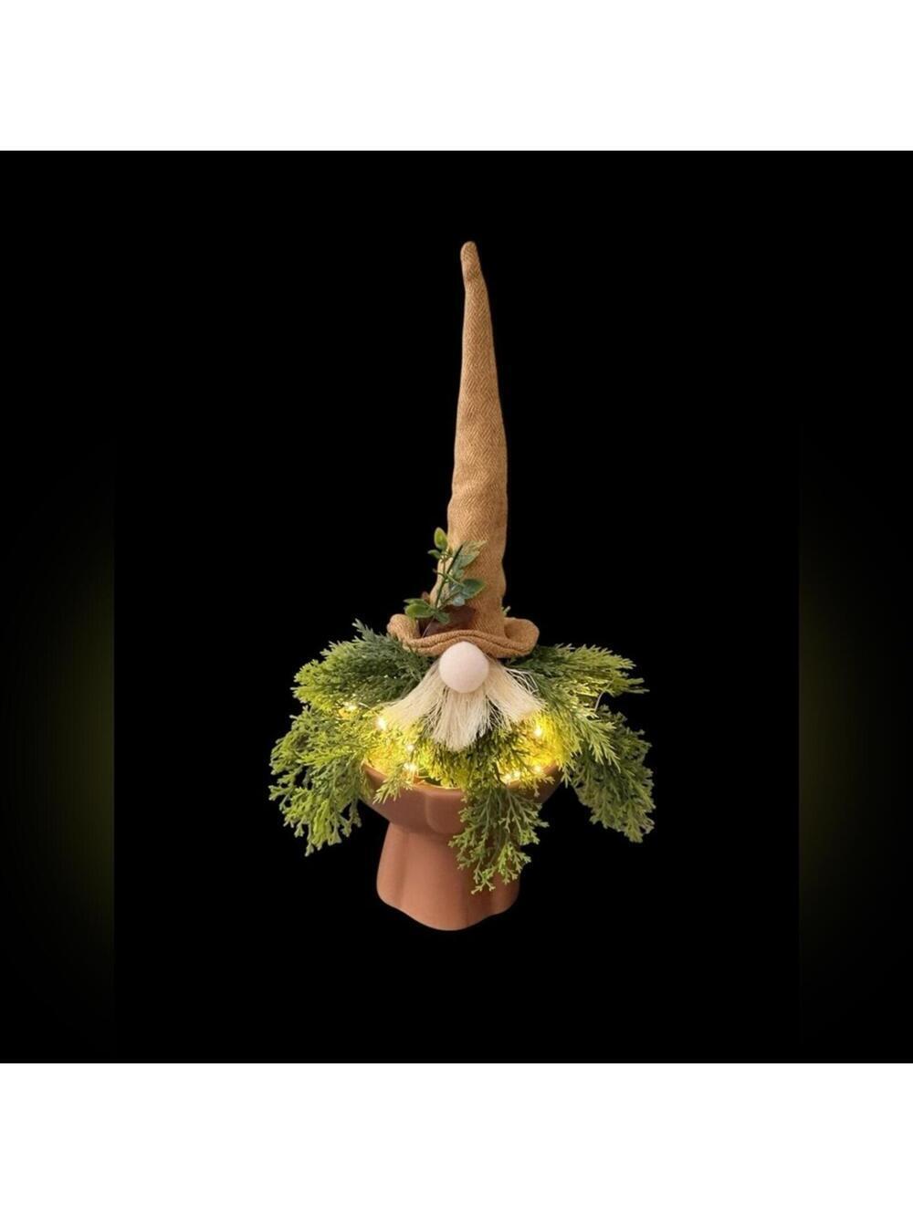 Handcrafted Whimsical Lighted Gnome with Greenery & Rustic Hat - Picture 2 of 6